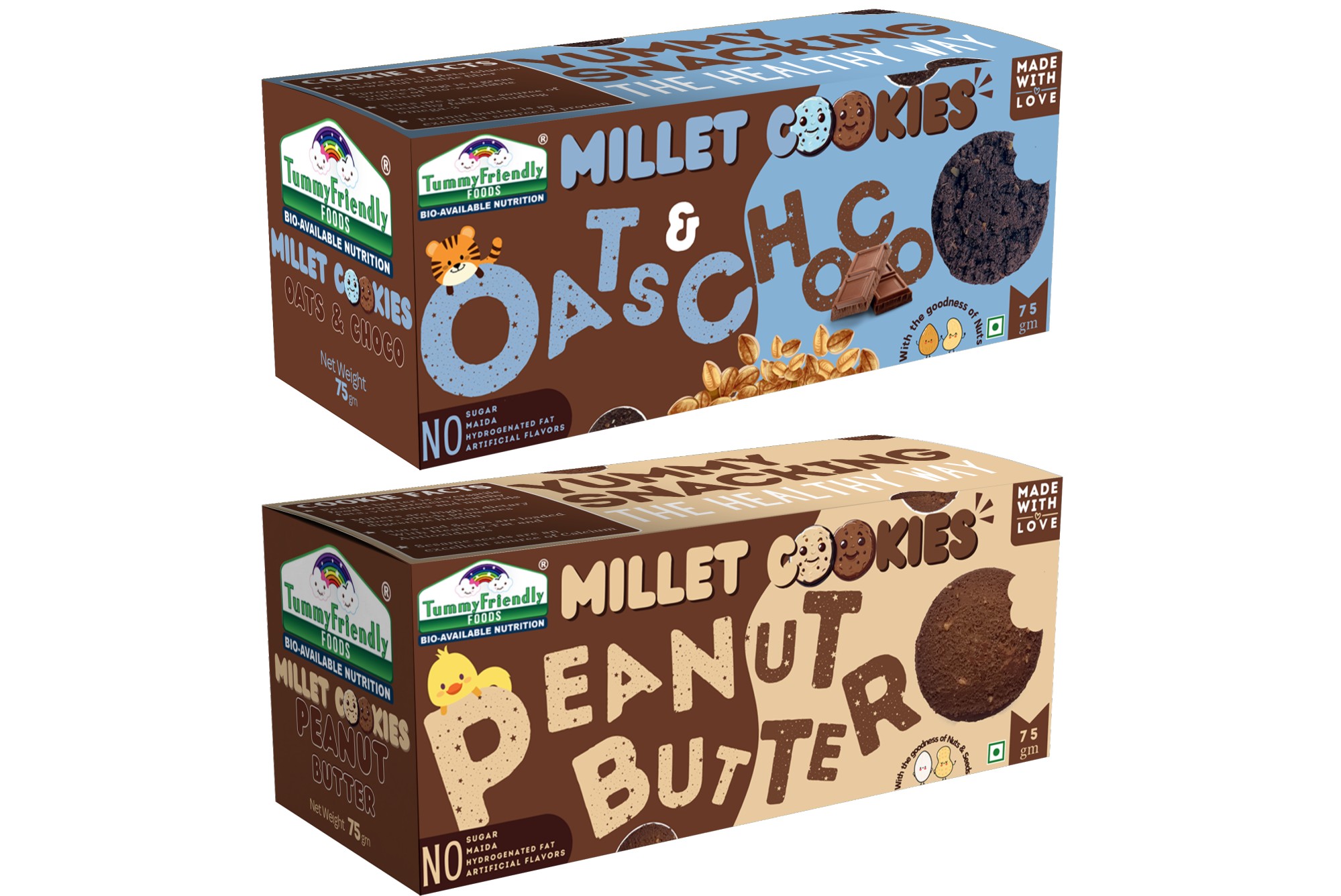 Tummy Friendly Foods Millet Cookies - Peanut Butter, Oats-Chocolate - Pack of 2 - 75g each. Healthy Ragi Biscuits, snacks for Baby, Kids & Adults