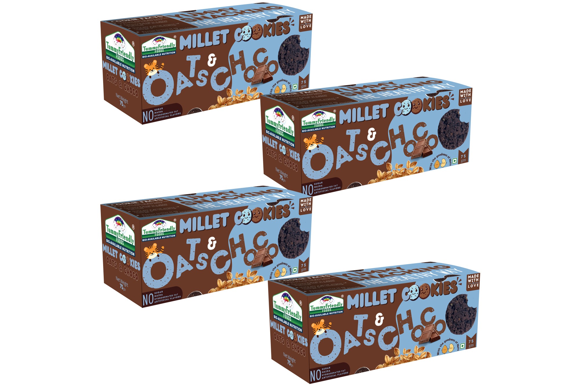 Tummy Friendly Foods Millet Cookies - Oats and Chocolate - 4 Packs - 75 g each. Healthy Ragi Biscuits, snacks for Baby, Kids & Adults