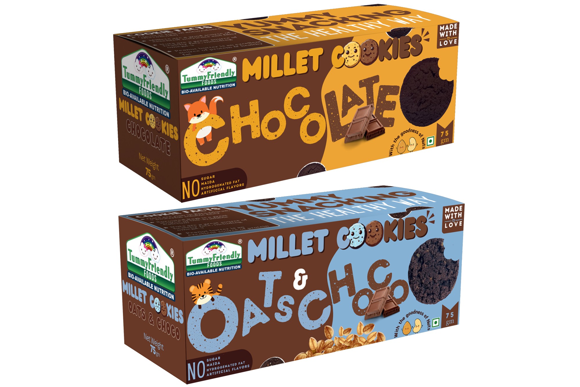 Tummy Friendly Foods Millet Cookies - Chocolate, Oats-Chocolate - Pack of 2 - 75g each. Healthy Ragi Biscuits, snacks for Baby, Kids & Adults