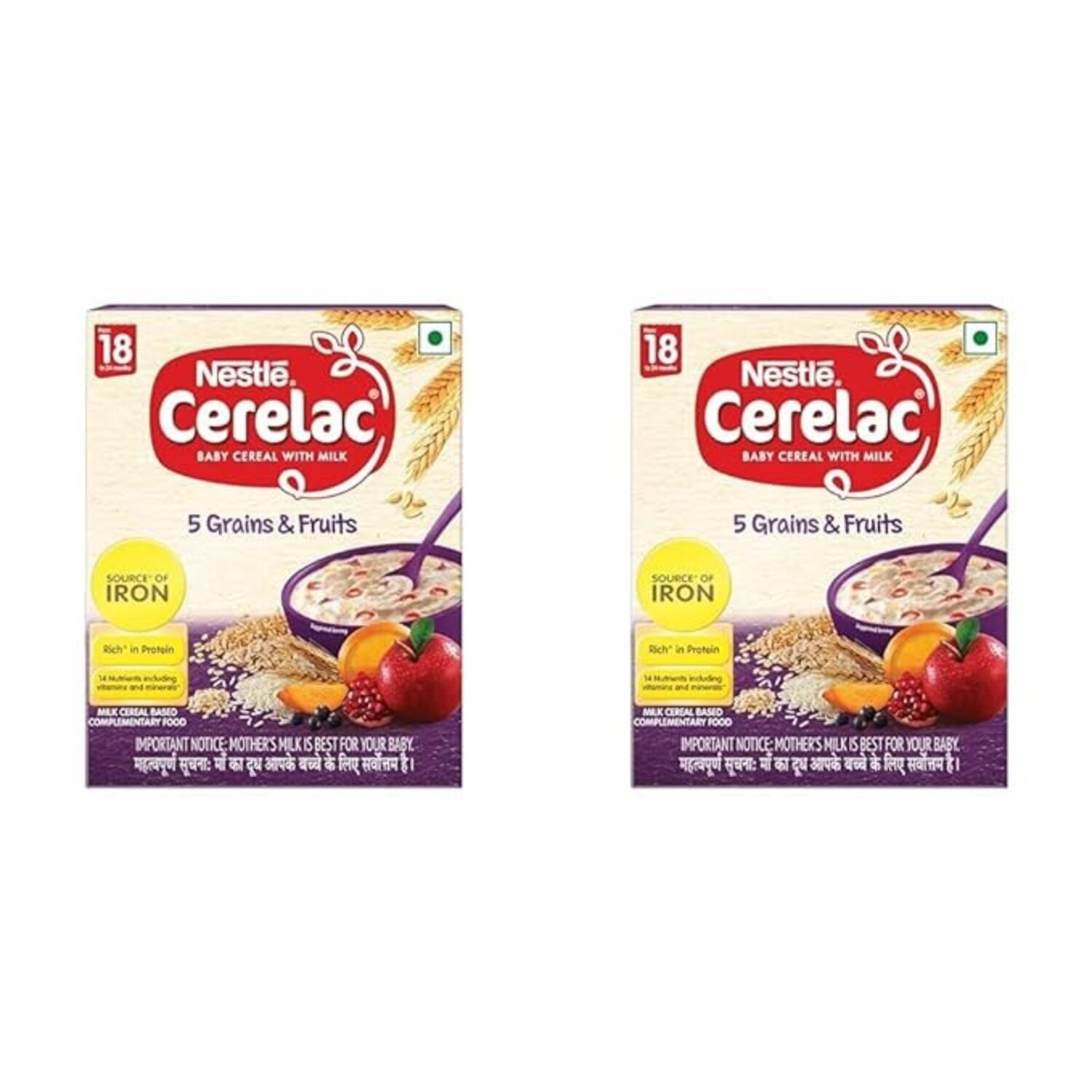 Cerelac Pack of 2 Baby Cereal with Milk, 5 Grains & Fruits,Stage 5, From 18 to 24 Months