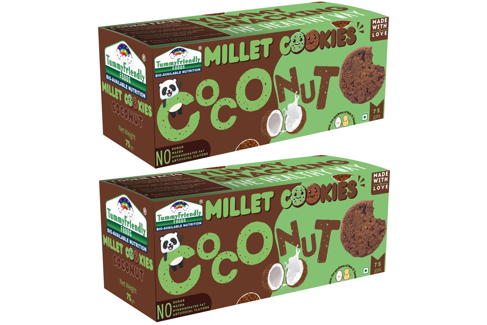 Tummy Friendly Foods Millet Cookies - Coconut  - Pack of 2 - 75g each. Healthy Ragi Biscuits, snacks for Baby, Kids & Adults