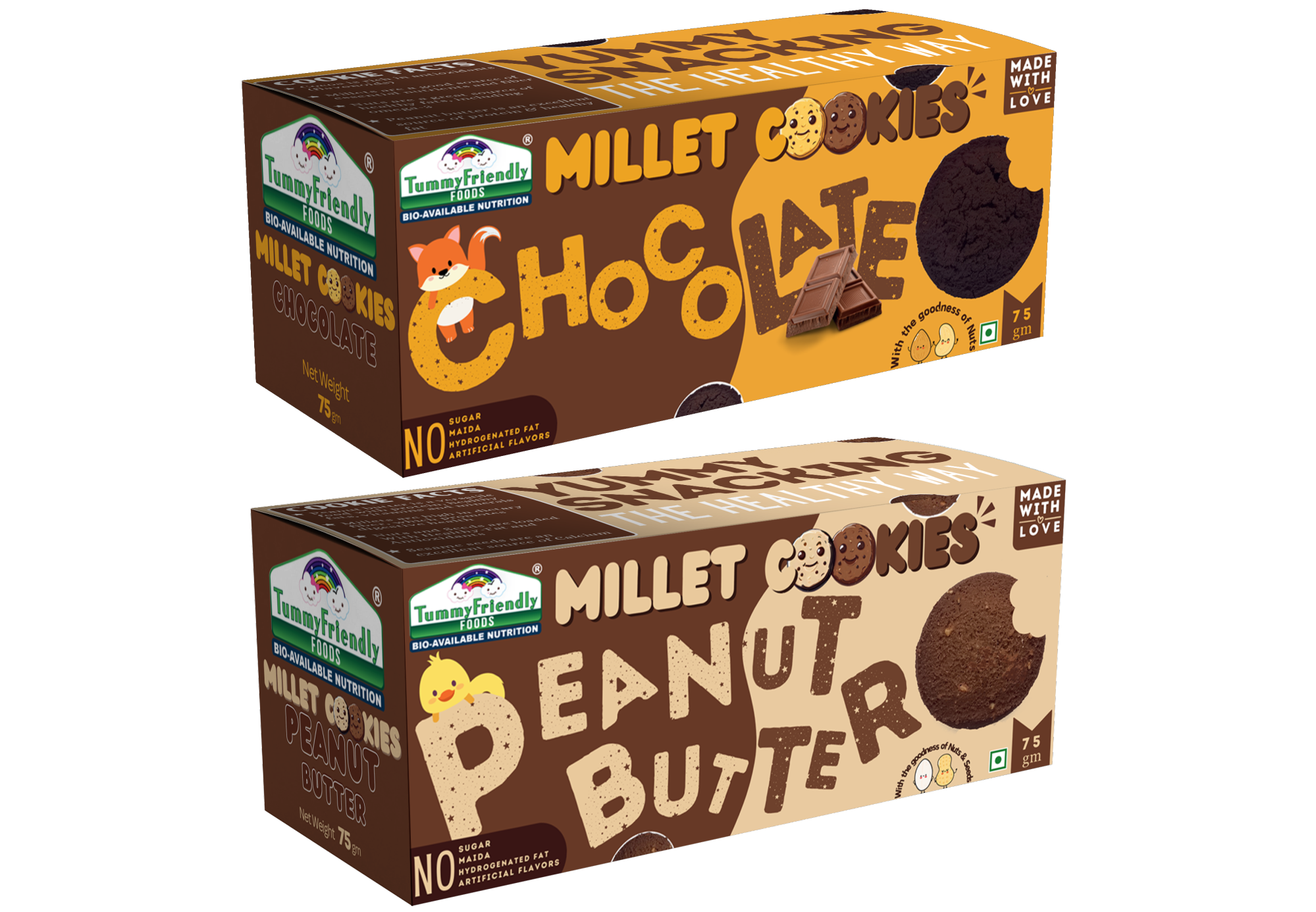 Tummy Friendly Foods Millet Cookies - Chocolate, Peanut Butter - Pack of 2 - 75g each. Healthy Ragi Biscuits, snacks for Baby, Kids & Adults