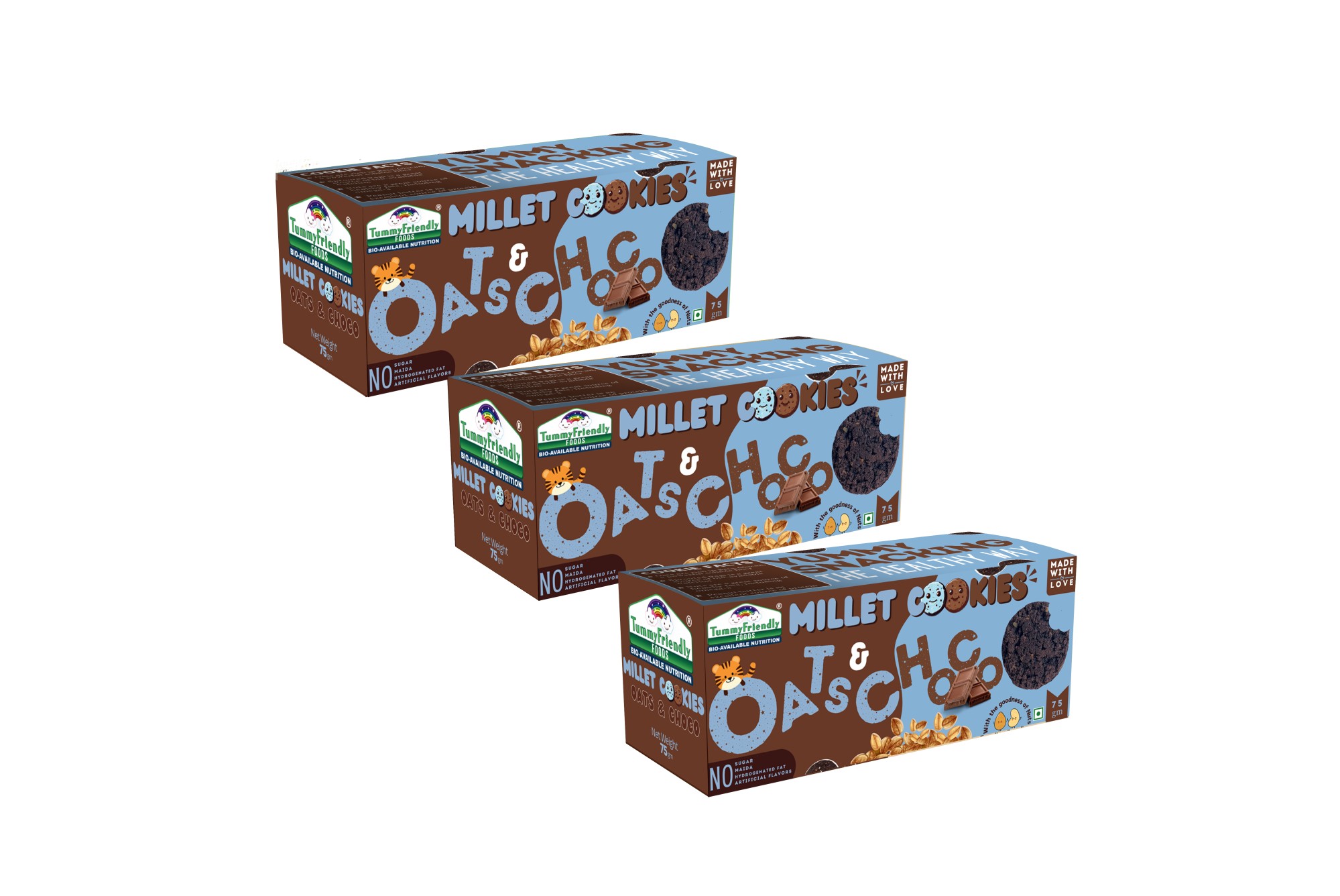 Tummy Friendly Foods Millet Cookies - Assorted Pack of 3- 75g each (OatsChoco). Healthy Biscuits made of Ragi, Jaggery for baby, kids and adults. Nutricious snacks for kids for school