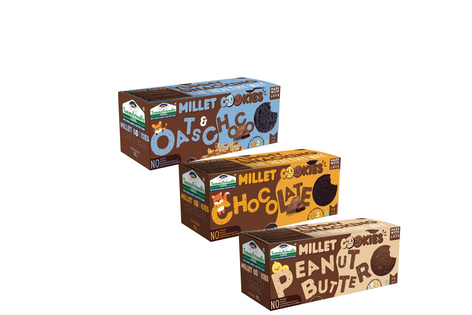 Tummy Friendly Foods Millet Cookies - Assorted Pack of 3- 75g each (OatsChocoPeanut). Healthy Biscuits made of Ragi, Jaggery for baby, kids