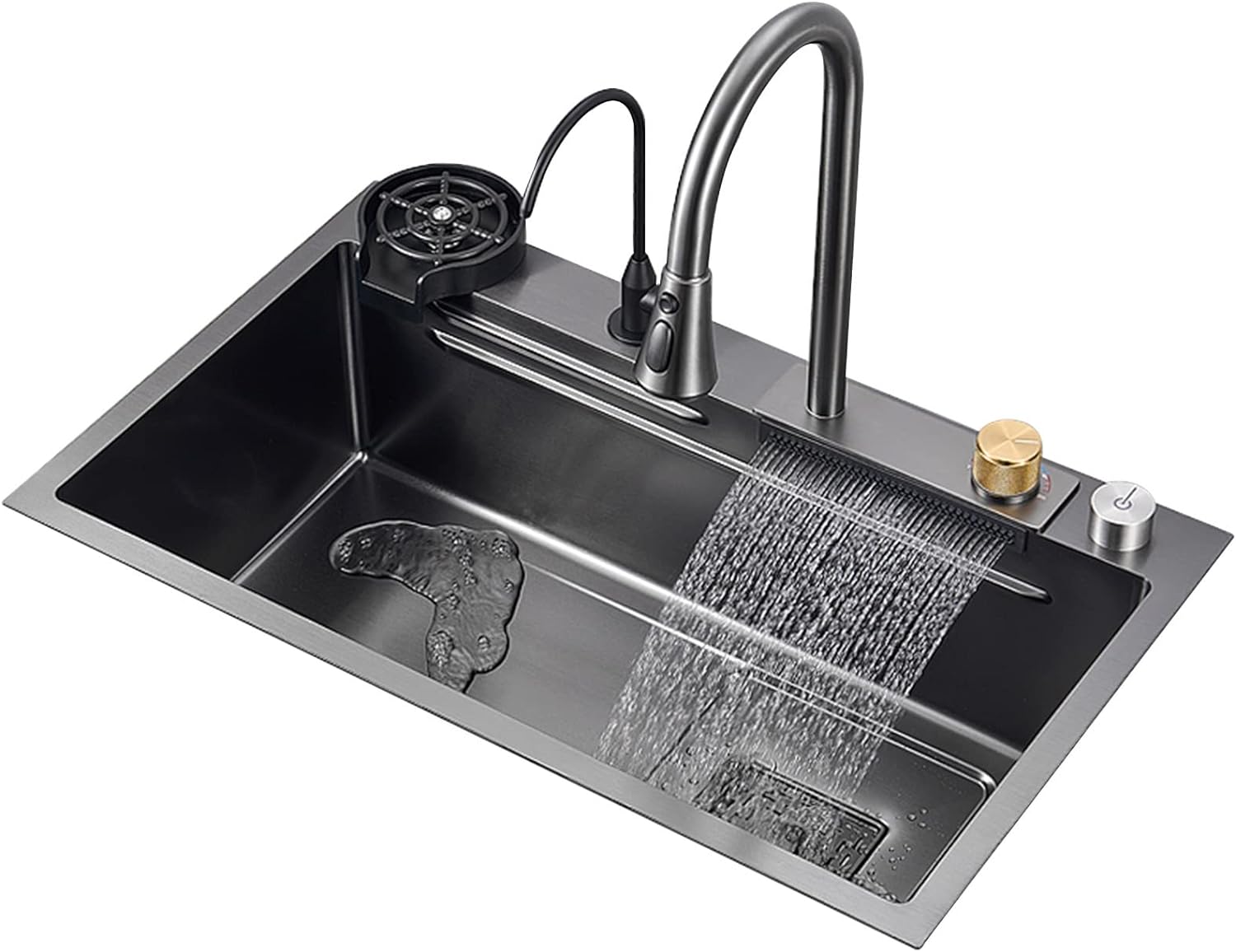Waterfall Kitchen Sink Single Bowl Black 30″X18″X10″