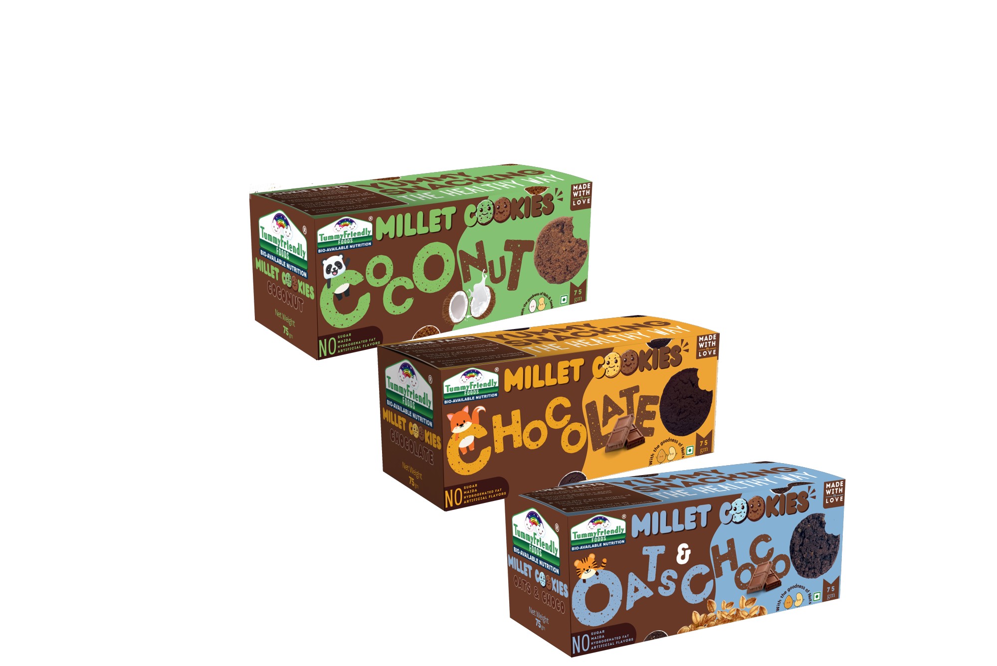 Tummy Friendly Foods Millet Cookies - Assorted Pack of 3- 75g each (OatsChocoCoconut). Healthy Biscuits made of Ragi, Jaggery for baby, kids and adults. Nutricious snacks for kids for school