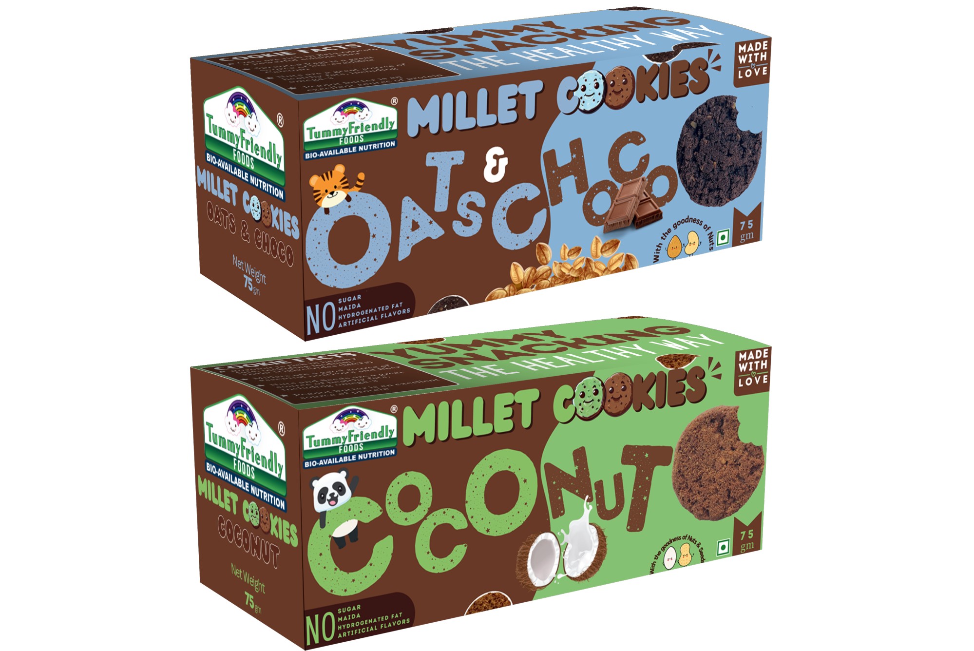 Tummy Friendly Foods Millet Cookies - Coconut , Oats-Chocolate - Pack of 2 - 75g each. Healthy Ragi Biscuits, snacks for Baby, Kids & Adults