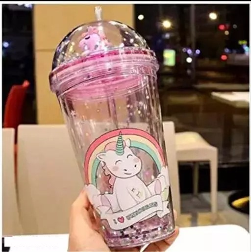 Unicorn Transparent Sipper/Water Bottle with Straw for Kids Plastic Tumbler