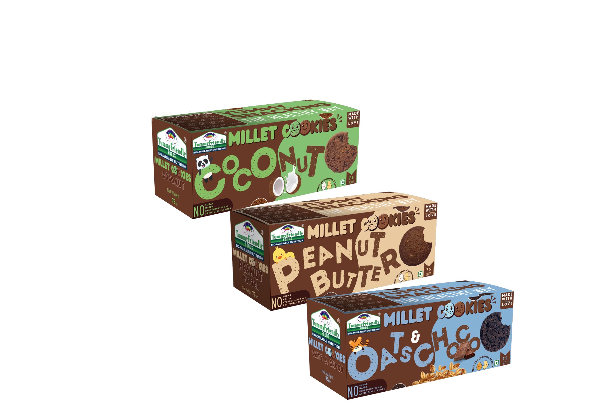 Tummy Friendly Foods Millet Cookies - Assorted Pack of 3- 75g each (OatsPeanutCoconut). Healthy Biscuits made of Ragi, Jaggery for baby, kids and adults. Nutricious snacks for kids for school