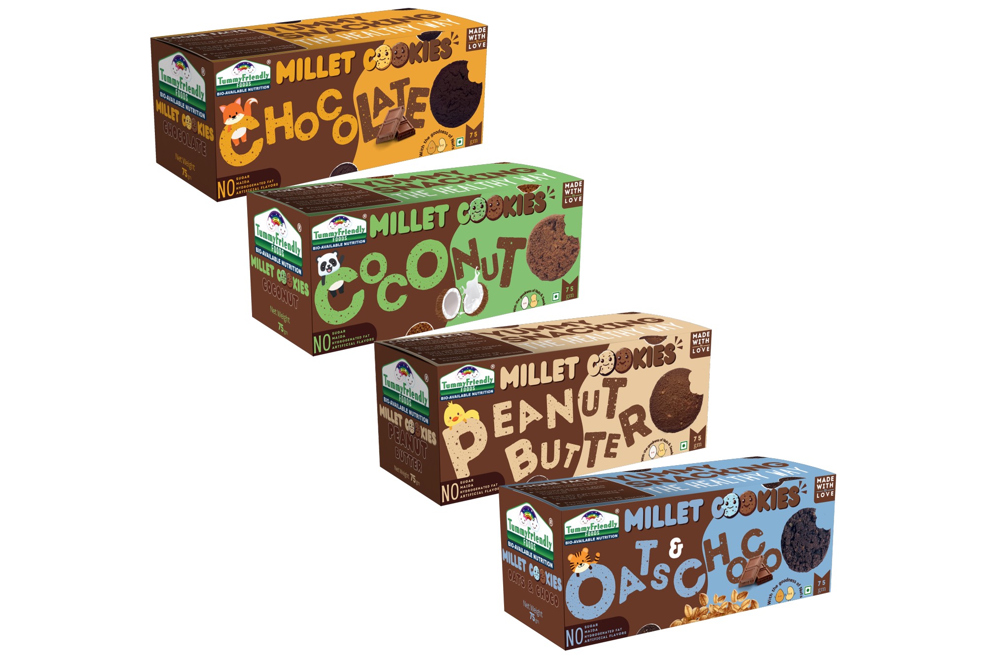 Tummy Friendly Foods Millet Cookies - Assorted Pack of 4 - 75g each. Healthy Biscuits made of Ragi, Jaggery for baby, kids and adults. Nutricious snacks for kids for school