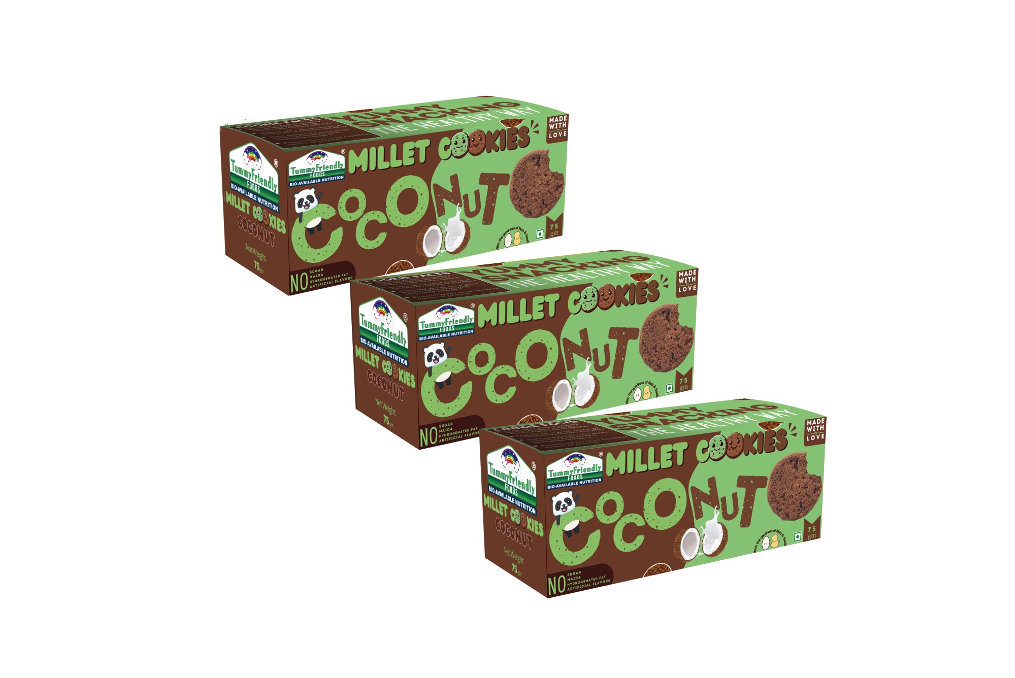 Tummy Friendly Foods Millet Cookies - Assorted Pack of 3- 75g each (Coconut). Healthy Biscuits made of Ragi, Jaggery for baby, kids and adults. Nutricious snacks for kids for school