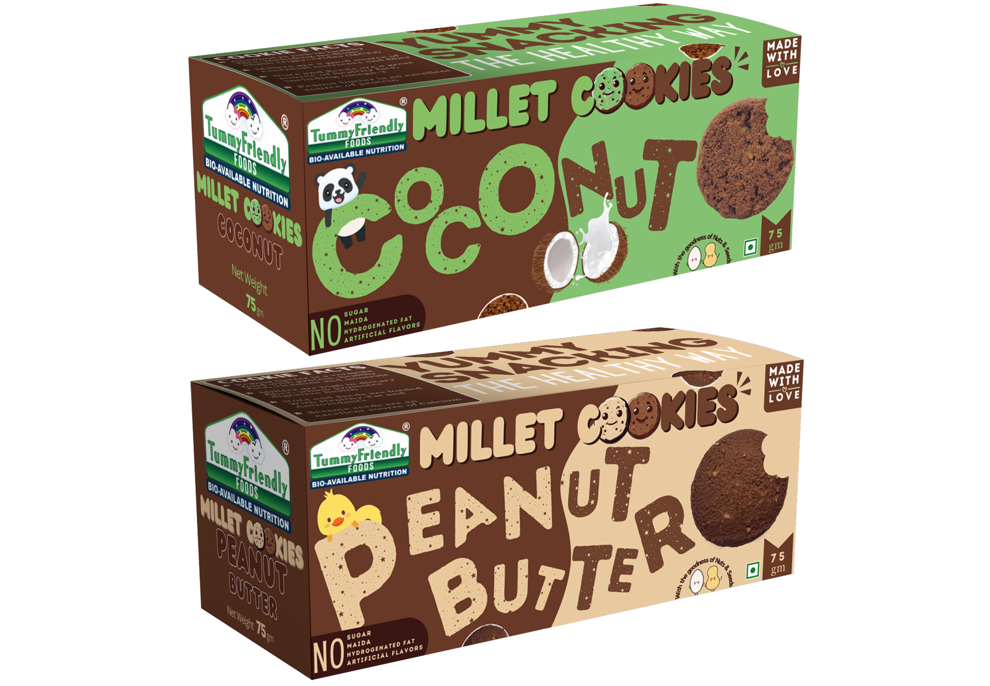 Tummy Friendly Foods Millet Cookies - Coconut, Peanut Butter - Pack of 2 - 75g each. Healthy Ragi Biscuits, snacks for Baby, Kids & Adults